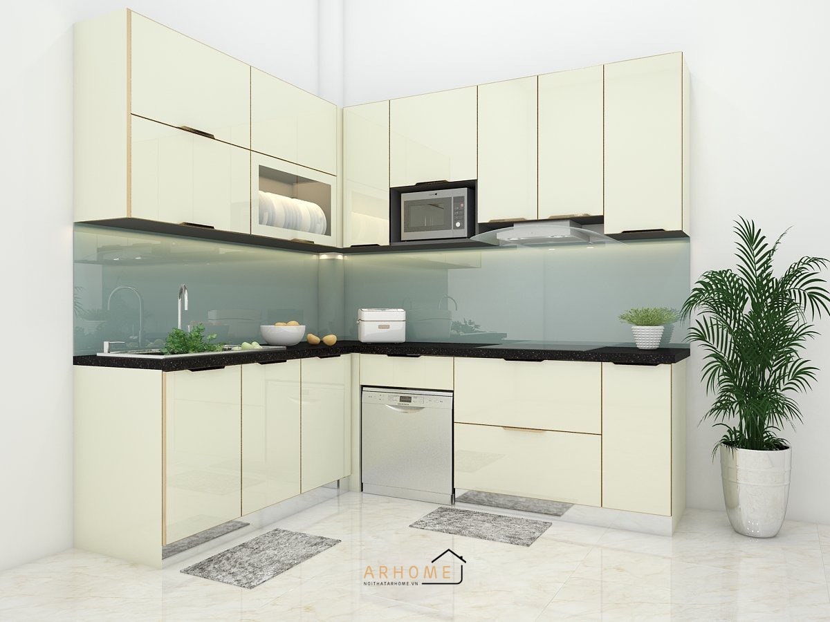 Tủ bếp inox cánh kính cao cấp hình chữ I