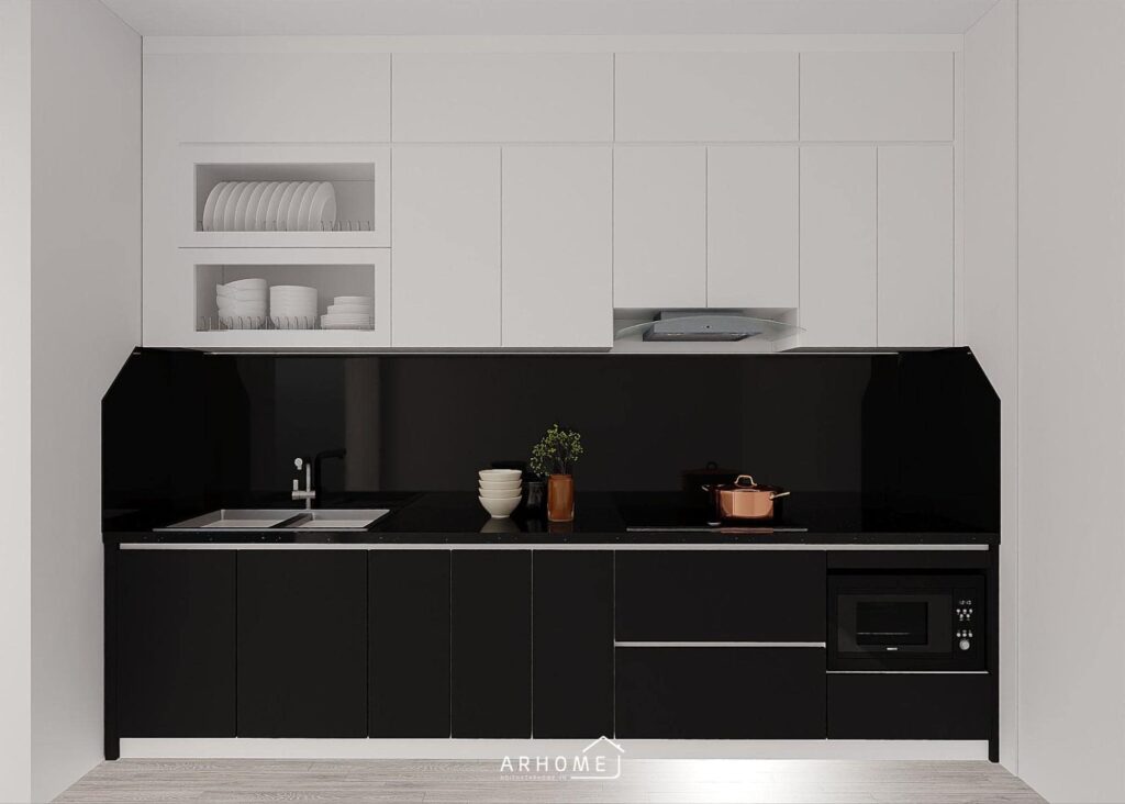 Mẫu tủ bếp chữ I hiện đại tone màu đen trắng