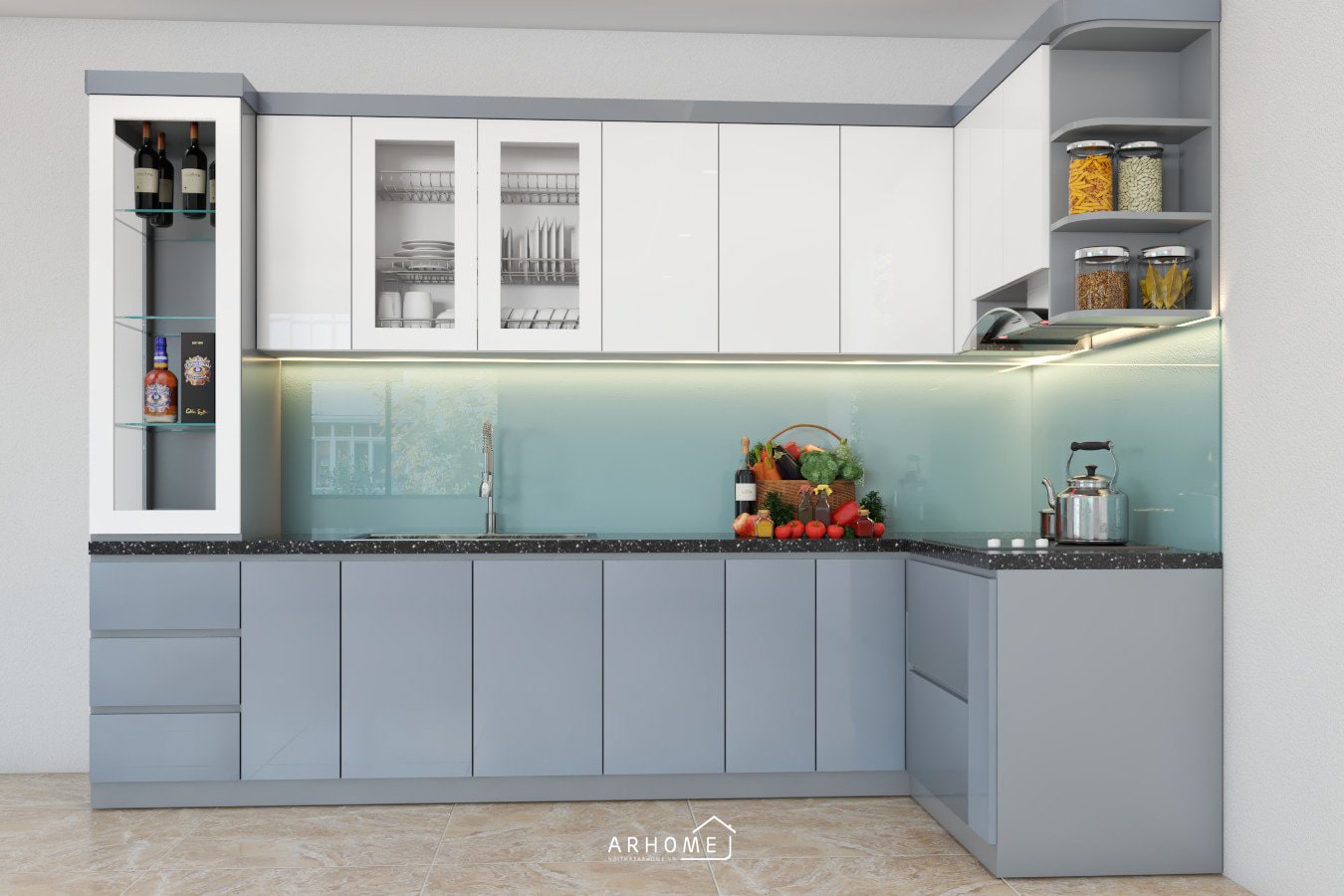 Tủ bếp tone màu xanh trắng hình chữ L