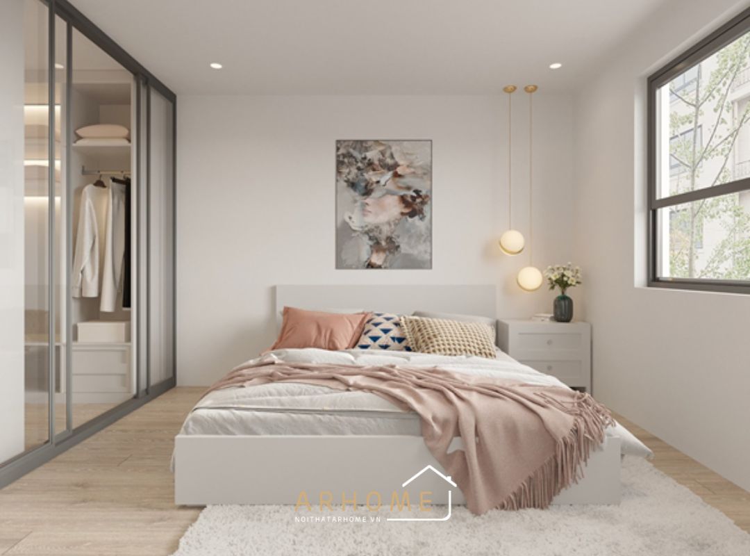 Giường ngủ MDF lõi xanh chống ẩm thiết kế đơn giản màu trắng tươi sáng