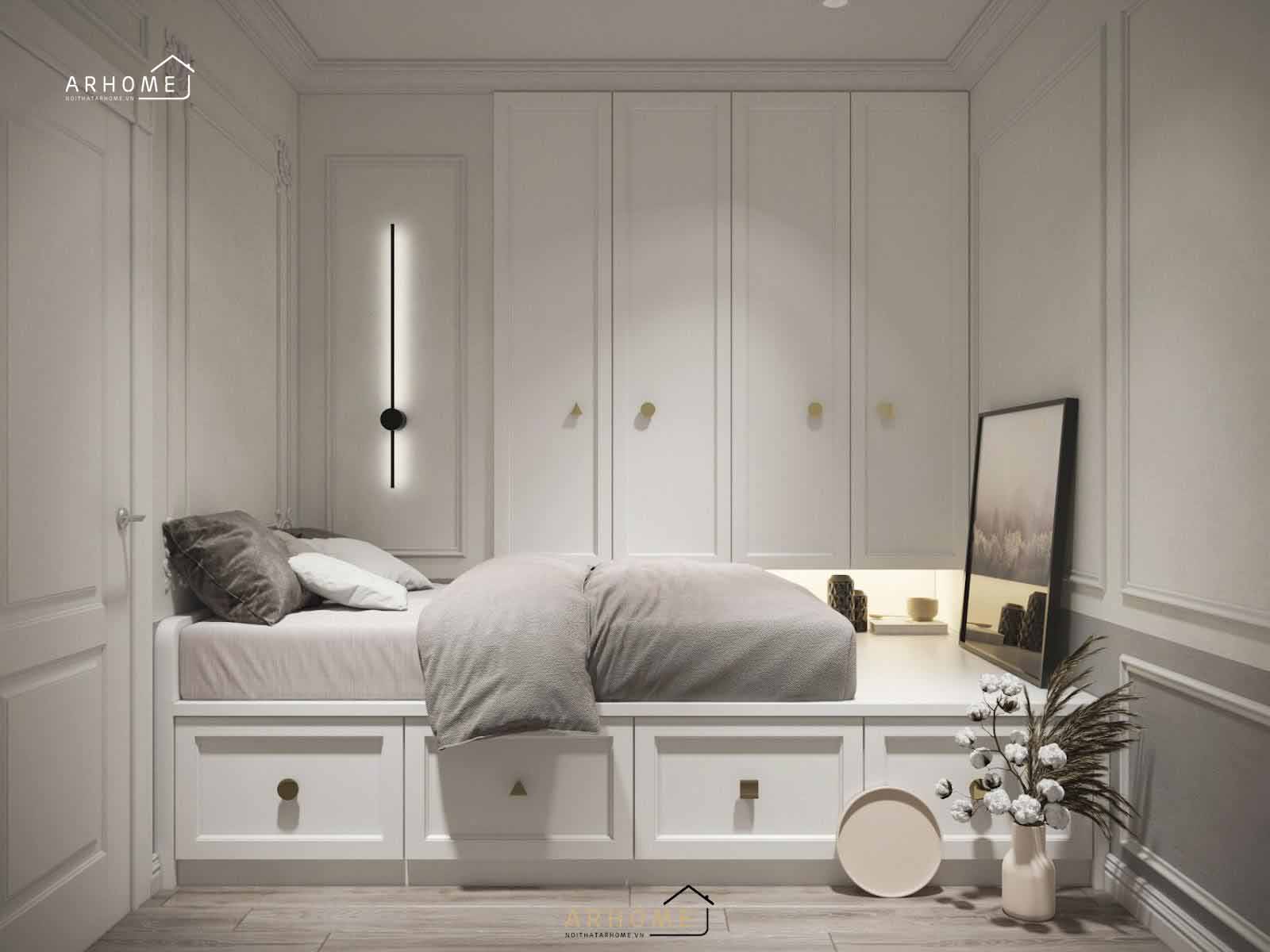 Mẫu giường ngủ gỗ đẹp tone màu trắng tinh tế