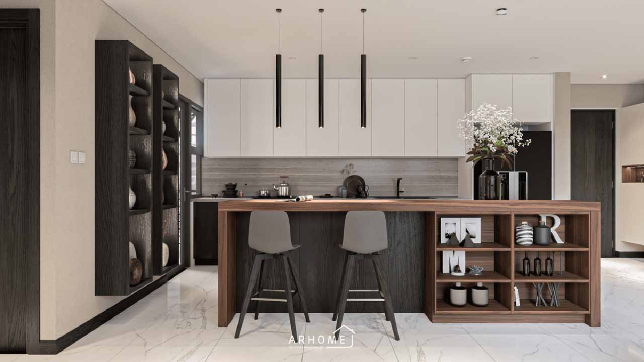 Mẫu tủ bếp hình chữ I kết hợp bàn đảo bếp tiện lợi