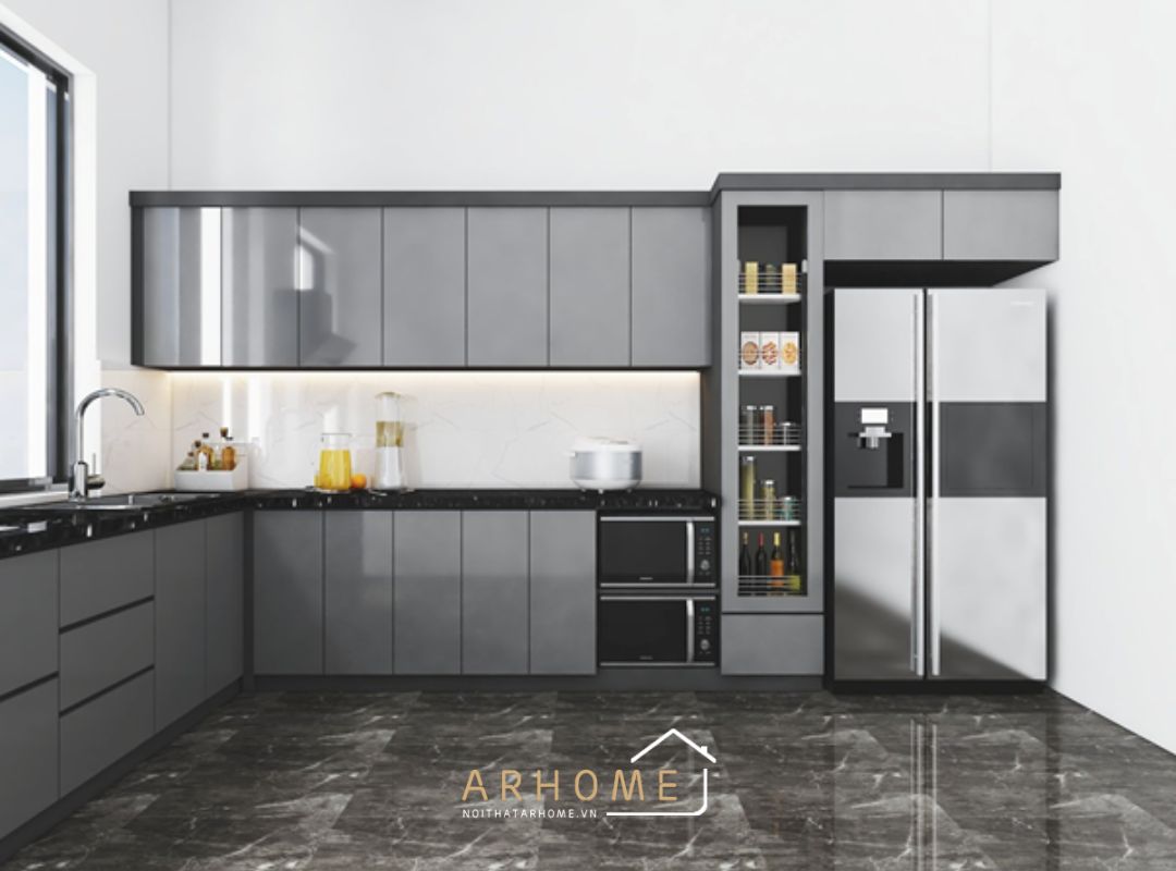 Tủ bếp nhựa Picomat cánh phủ Acrylic kết hợp tủ kho