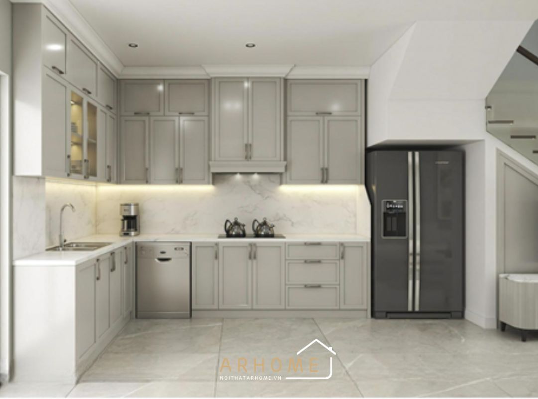Tủ bếp tân cổ điển màu trắng sơn Inchem tinh tế